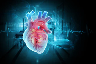 Glowing anatomical heart illustration with transparent layers and heartbeat waveform on blue medical background