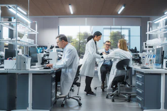 Scientists and technicians working in a modern laboratory with microscopes and analytical equipment