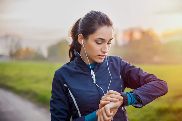 Woman jogging outdoors wearing earbuds and checking smartwatch during sunset run