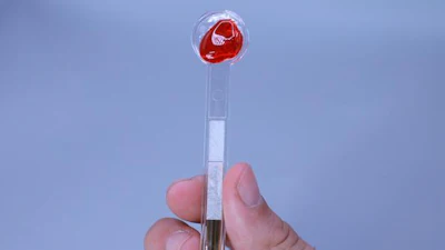 Hand holding a medical diagnostic test device with red collection sphere against blue background