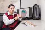 Scientist holding petri dish with bacterial culture at laboratory workstation with analysis software displayed on monitors