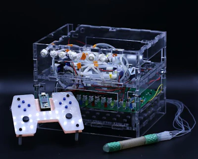 Transparent robotics kit with mechanical components, circuit board, and wireless controller on black background