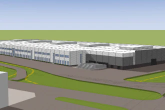 Architectural rendering of modern industrial facility with white buildings, green landscaping, and curved driveway