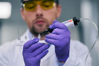 Scientist in yellow-tinted glasses and purple gloves handling laboratory equipment and syringe in clinical setting