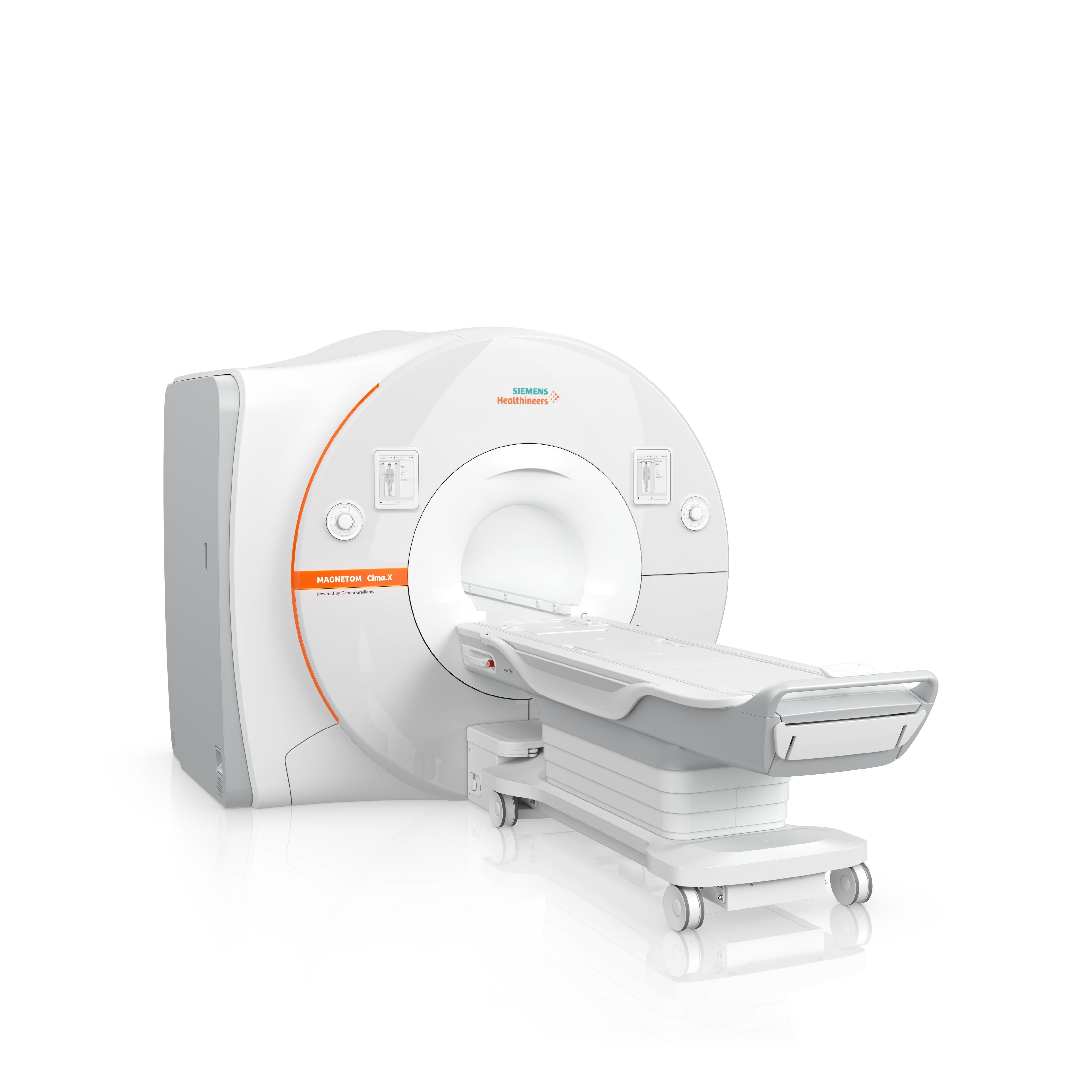 Siemens MAGNETOM medical imaging scanner with white casing and orange accent stripe