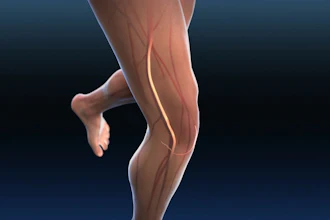 Anatomical illustration of running leg showing muscles and nerve pathways highlighted in red and gold against dark background
