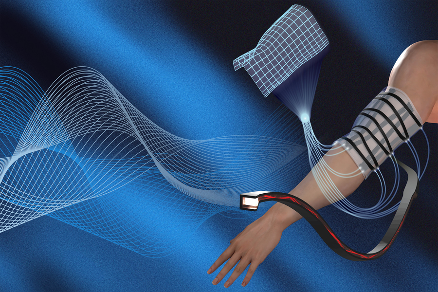 Person wearing striped sleeve with satellite and data visualization waves in blue digital landscape