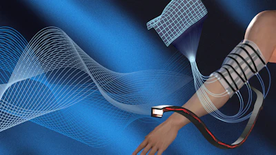 Person wearing striped sleeve with satellite and data visualization waves in blue digital landscape