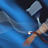 Person wearing striped sleeve with satellite and data visualization waves in blue digital landscape