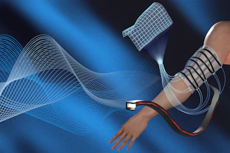 Person wearing striped sleeve with satellite and data visualization waves in blue digital landscape