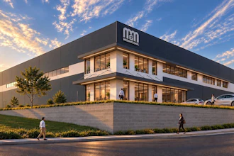 Modern NED corporate facility at golden hour with landscaping and parking area