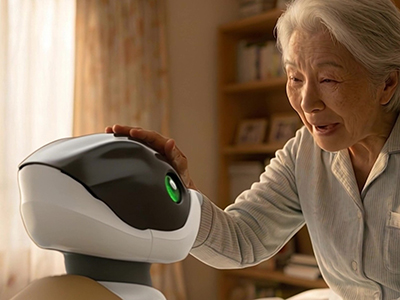Elderly woman holding white and black robotic device with green indicator light in home setting