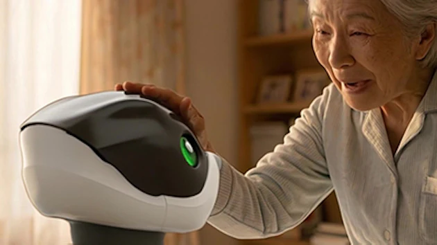 Elderly woman holding white and black robotic device with green indicator light in home setting