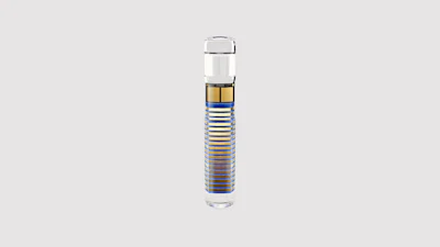 Cylindrical water filter cartridge with blue and gold striped design and clear housing