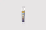 Cylindrical water filter cartridge with blue and gold striped design and clear housing