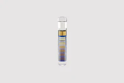 Cylindrical water filter cartridge with blue and gold striped design and clear housing