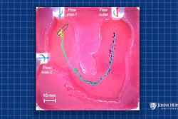Microfluidic device schematic with labeled flow inlets and outlet on pink substrate with scale bar