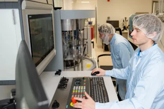 Two laboratory technicians in hairnets operating advanced analytical equipment in a clinical facility.