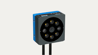 SICK 3D camera sensor with blue and gray housing and circular lens array with gold contact points